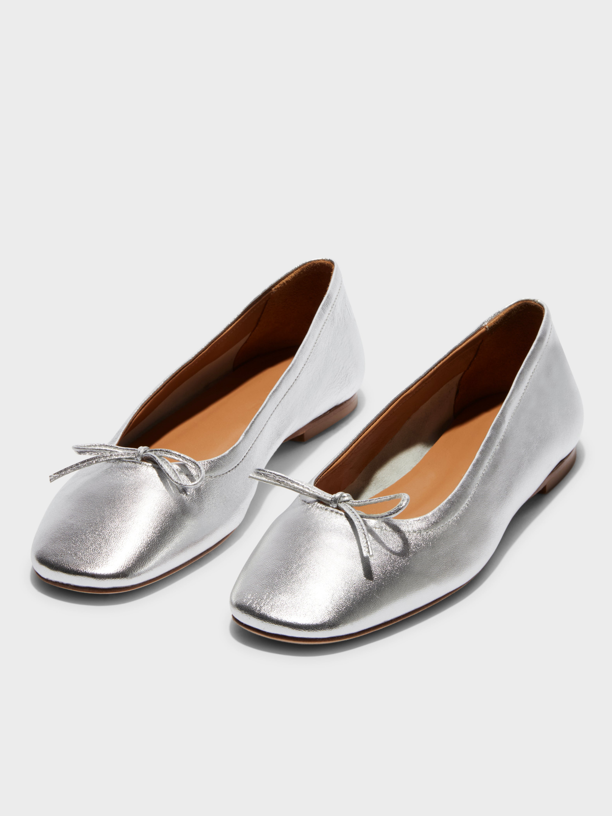 Metallic Silver Square-Toe Ballet Bow Flats