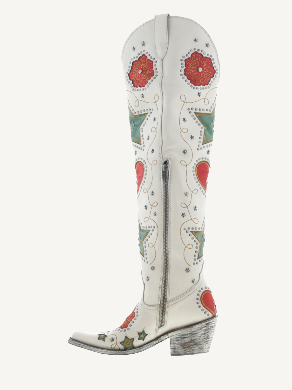 Ivory Studded Hearts Stars Flowers Inlay Metal Stars Applique Half-Zip Over-The-Knee Cowgirl Boots