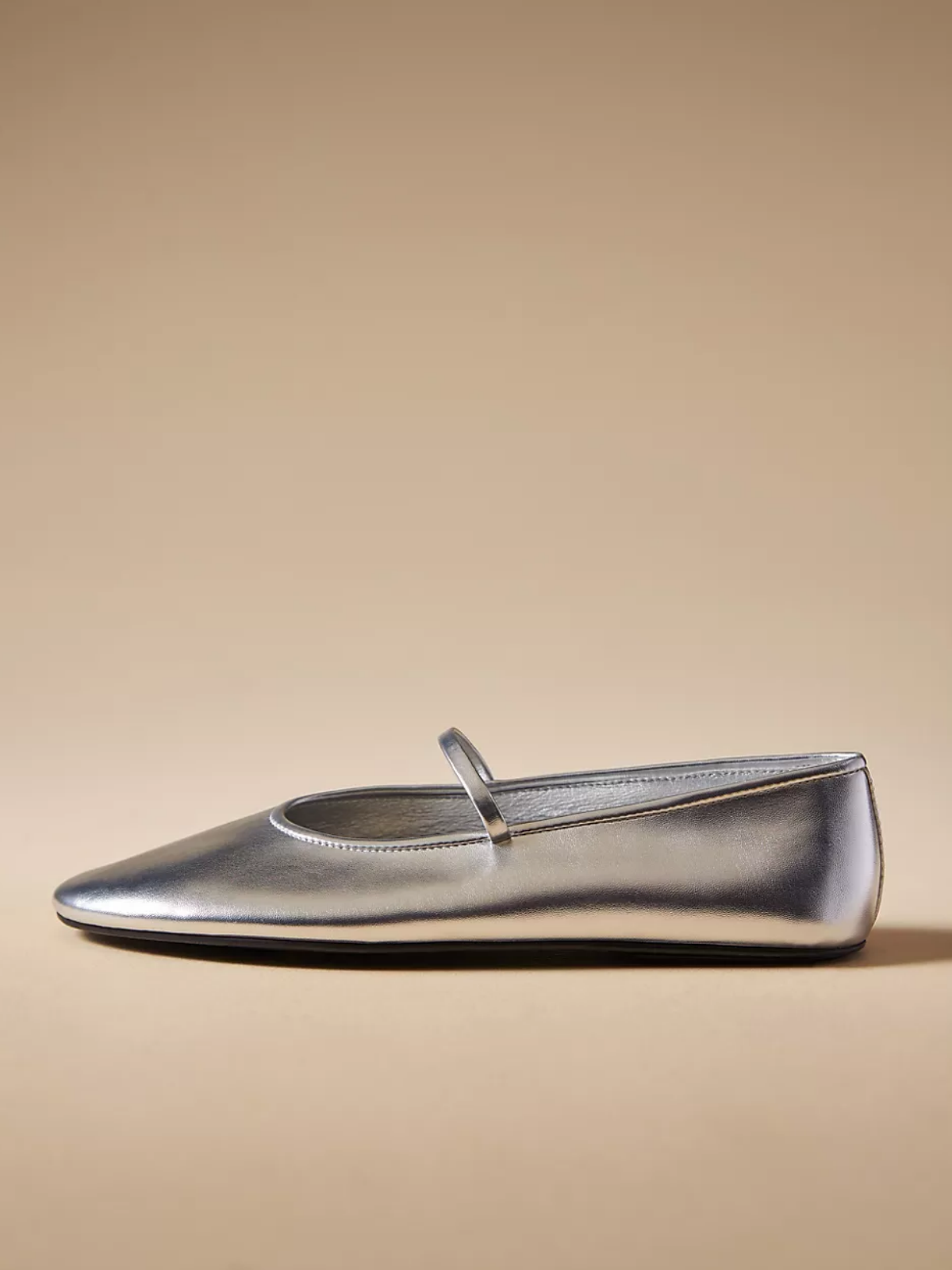 Metallic Silver Round Toe Ballet Flats Mary Janes With Elastic Strap