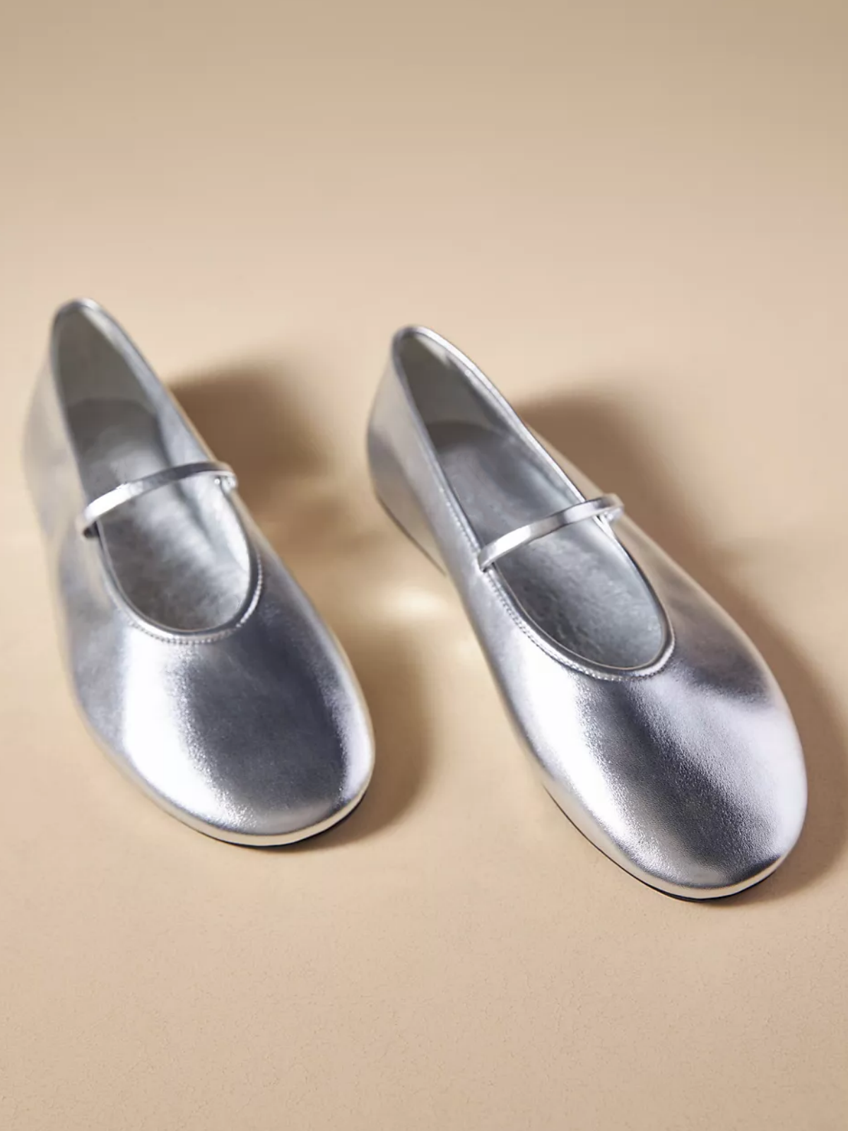 Metallic Silver Round Toe Ballet Flats Mary Janes With Elastic Strap