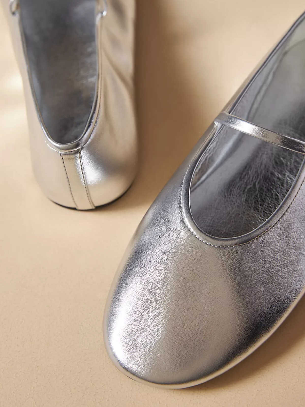 Metallic Silver Round Toe Ballet Flats Mary Janes With Elastic Strap