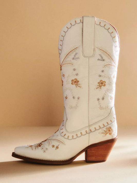 Ivory Snip-Toe Colorful Floral Embroidery Wide Mid Calf Cowgirl Boots