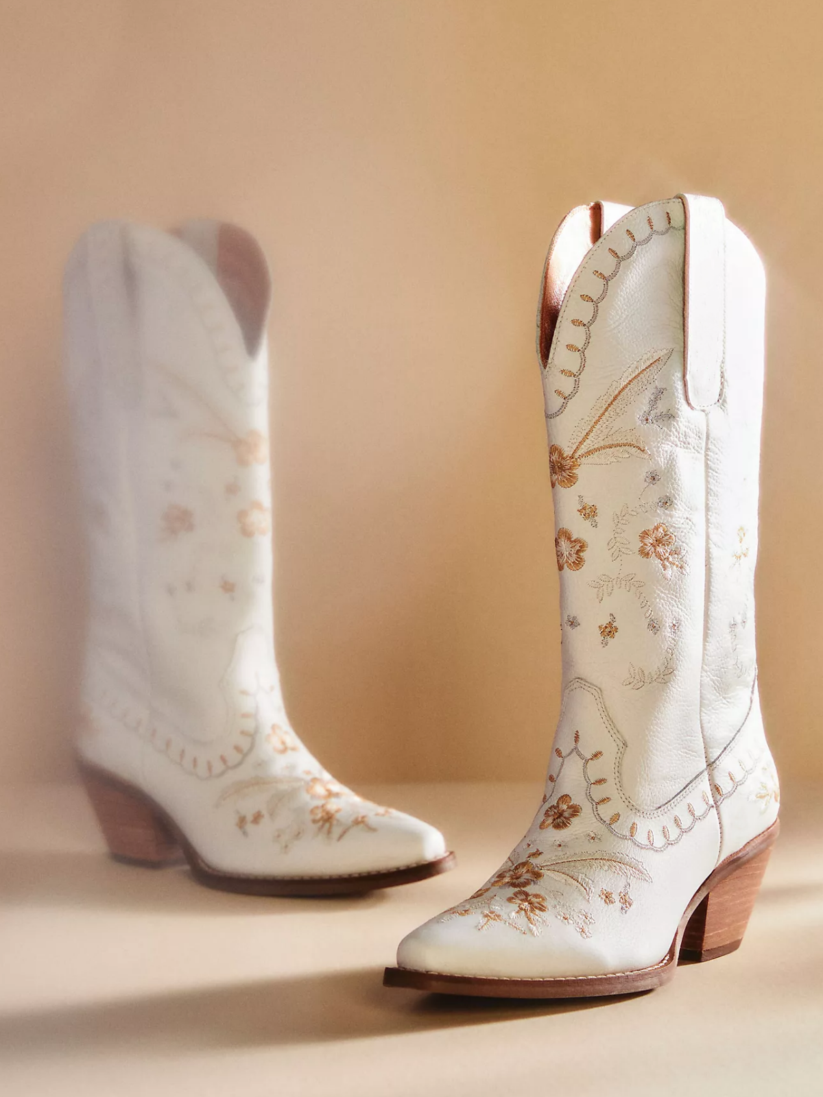 Ivory Snip-Toe Colorful Floral Embroidery Wide Mid Calf Cowgirl Boots