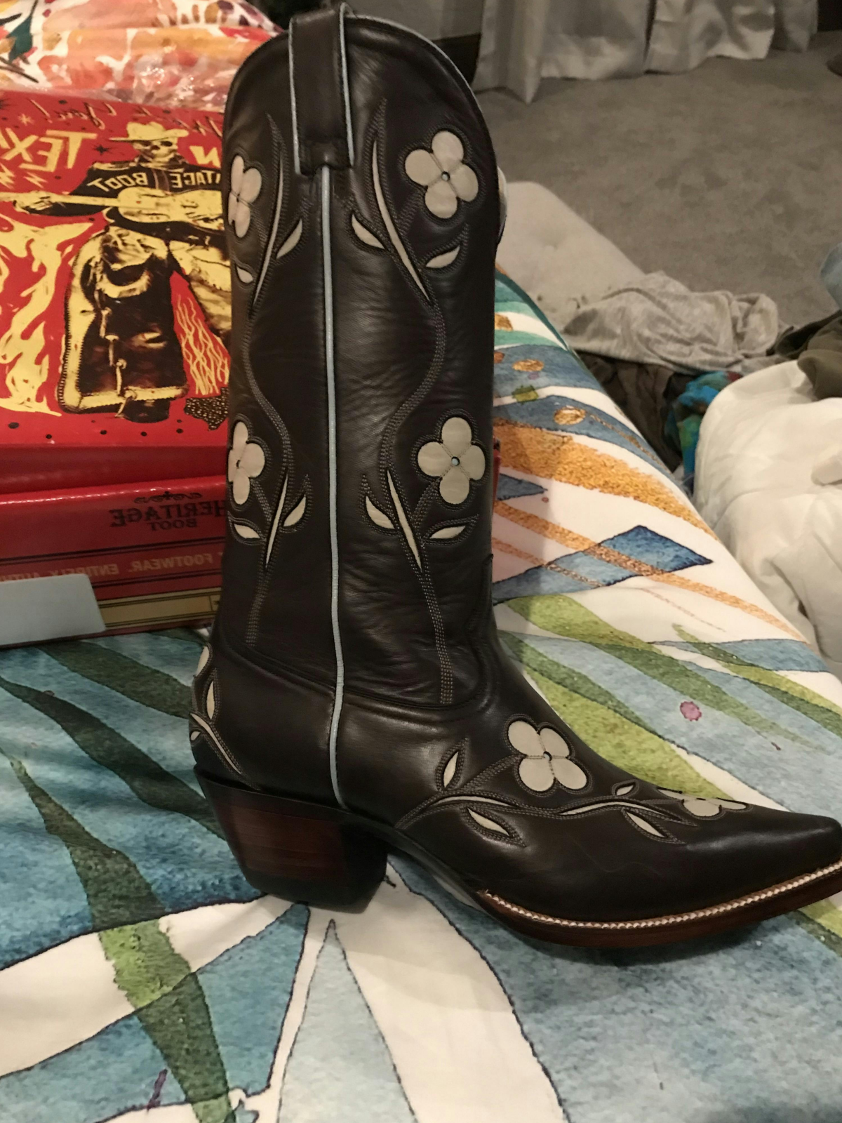 White Flower Inlay Pointed-Toe Wide Mid Calf Tall Cowgirl Boots In Chocolate