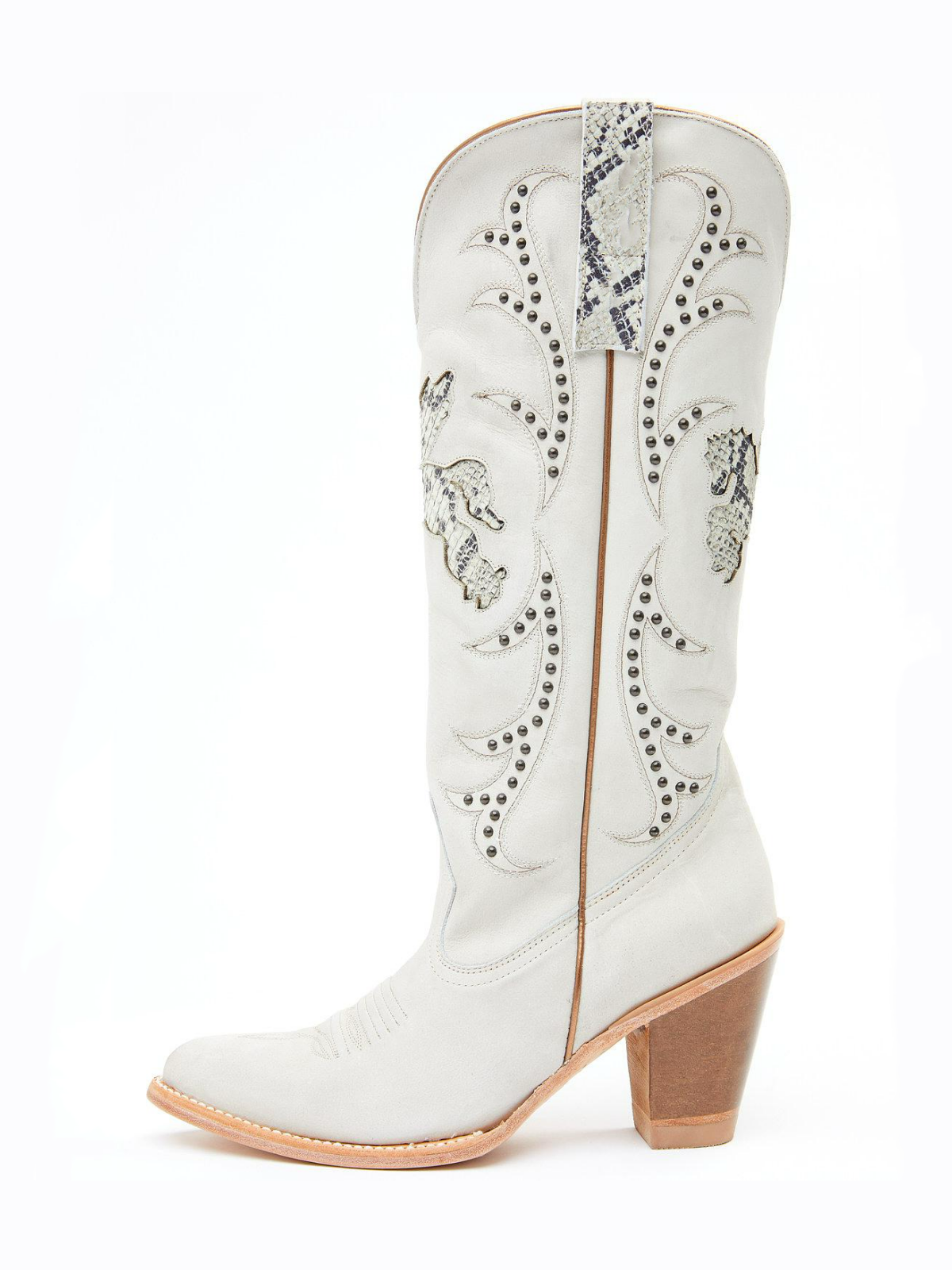 White Almond-Toe Studded Pegasus Inlay Wide Mid Calf Tall Cowgirl Boots