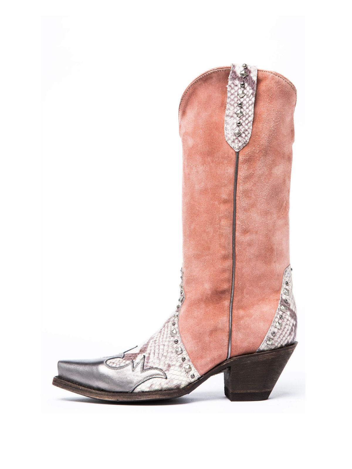 Contrast Snakeskin And Pink Faux Suede Studded Applique Snip-Toe Wide Mid Calf Cowgirl Boots