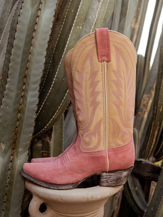 Contrast Beige And Pink Faux Suede Snip-Toe Leaf Embroidery Wide Mid Calf Tall Cowgirl Boots