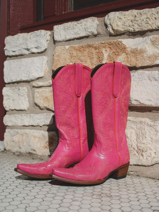 Pink Snip-Toe Embroidery Wide Mid Calf Cowgirl Tall Boots