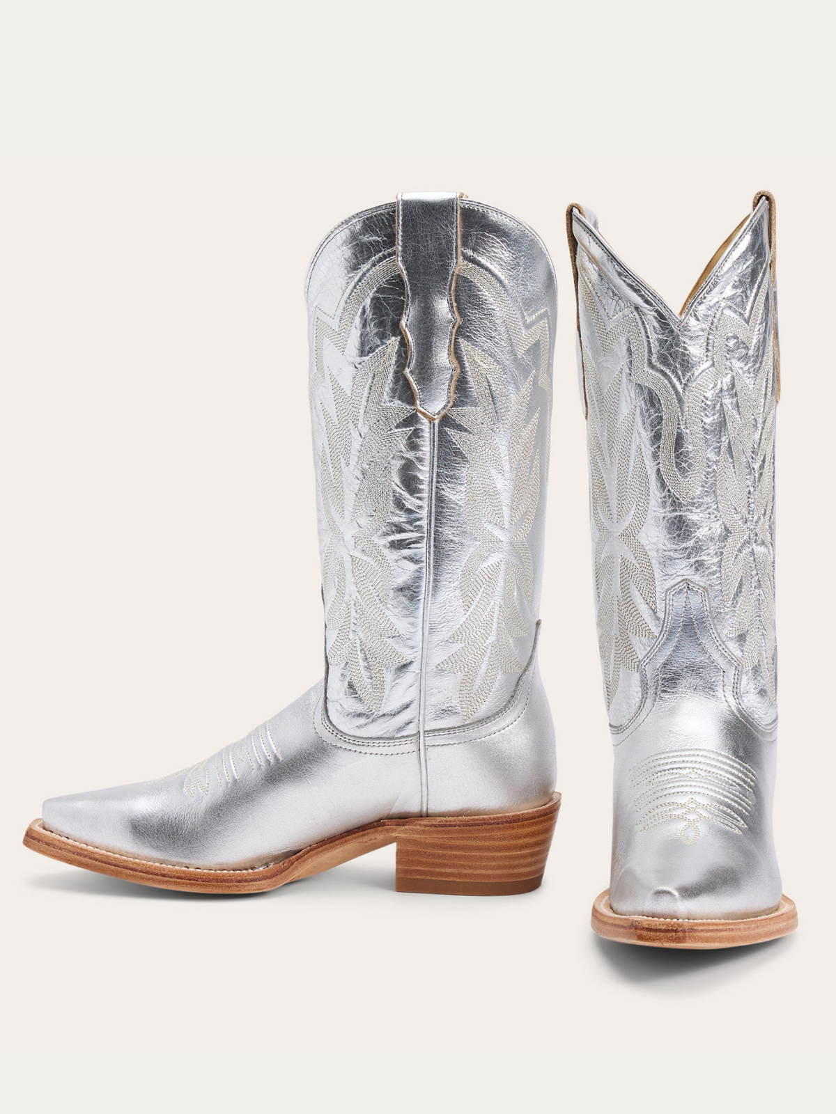 Metallic Silver Snip-Toe Classic Embroidery Wide Mid Calf Cowgirl Boots