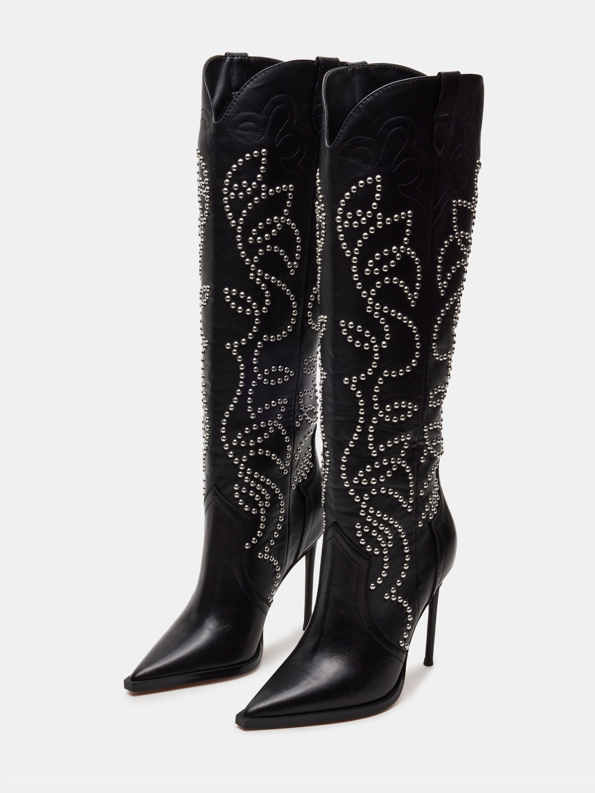 Black Vegan Leather Pointed-Toe Studded Embroidery Wide Mid Calf Stiletto Boots