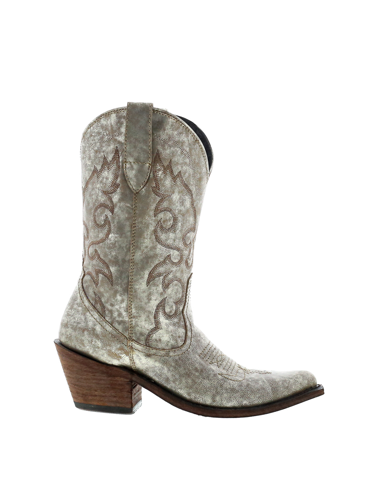 Distressed Metallic Embroidery Almond-Toe Wide Mid Calf Cowgirl Boots - Gray