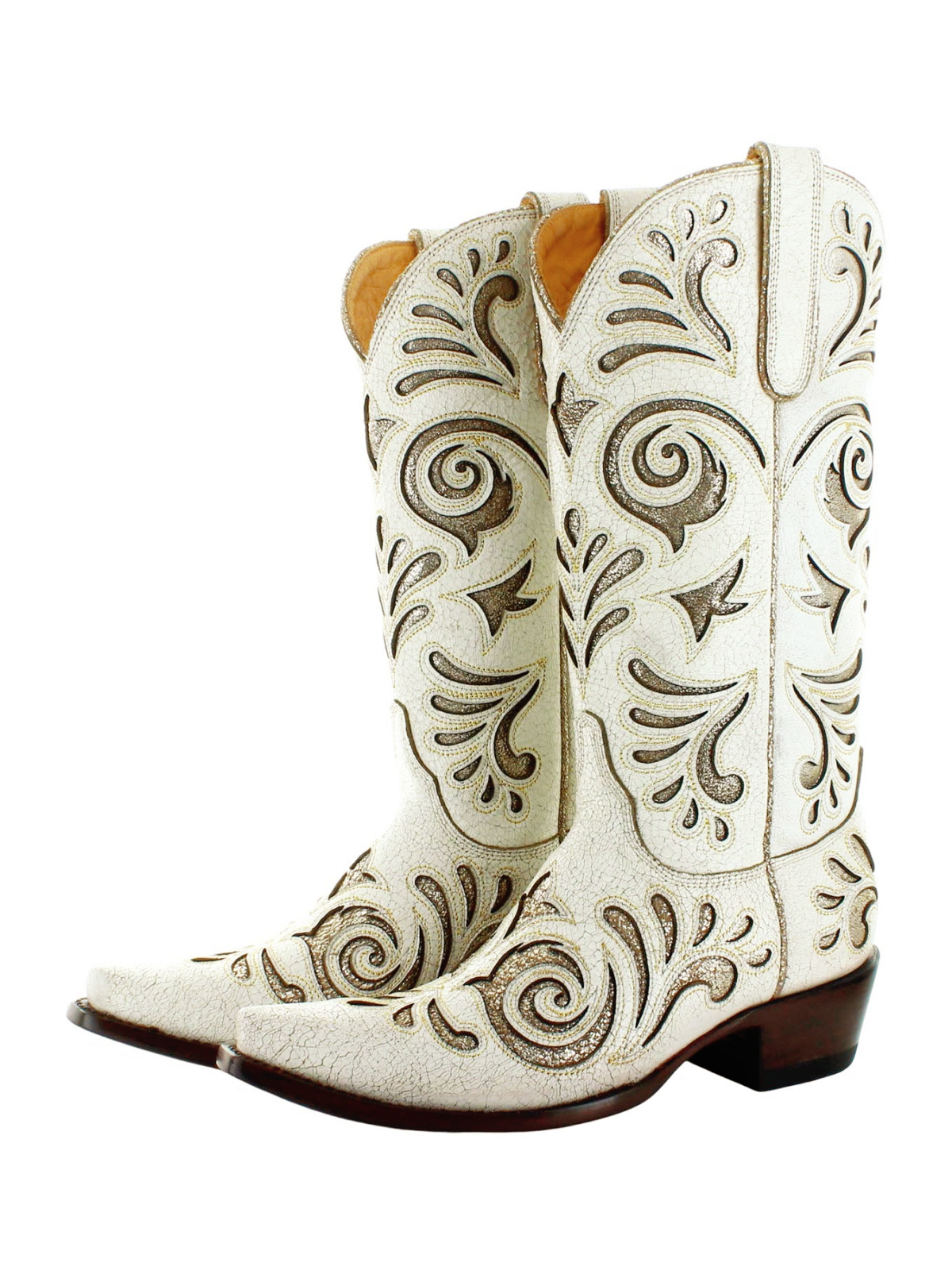 Distressed Bone Snip-Toe Inlay With Glitter Wide Mid Calf Cowgirl Boots