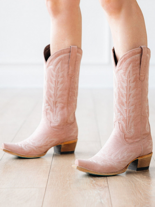 Blush Pink Snip-Toe Embroidery Wide Mid Calf Tall Western Boots For Women