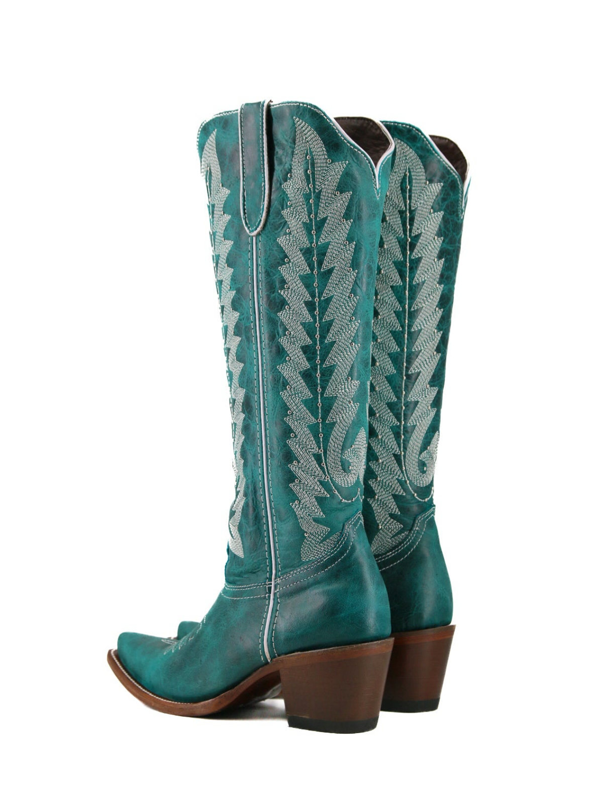 Distressed Teal Green Snip-Toe Half-Zip Classic Embroidery Studded Mid Calf Cowgirl Boots