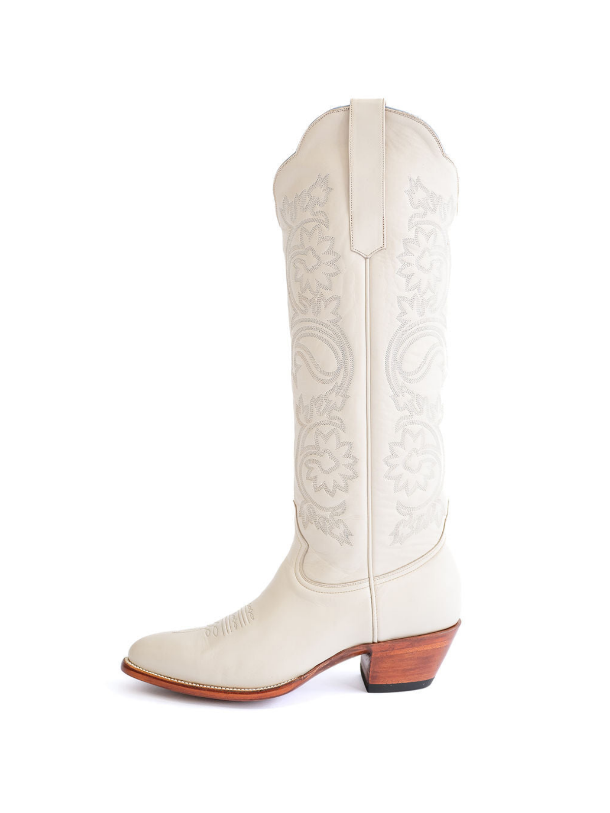 White Floral Embroidery Almond-Toe Wide Calf Cowgirl Boots Knee High Tall Boots