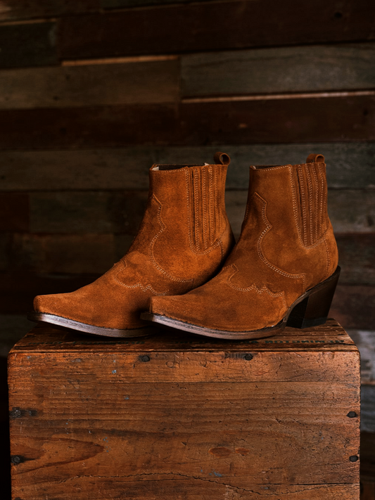 Tan Faux Suede Snip-Toe Cowgirl Ankle Booties