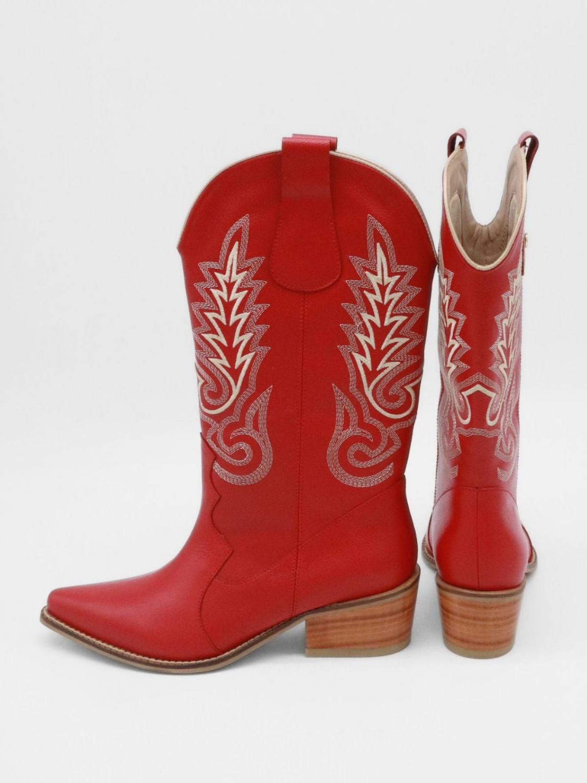 Red Pointed-Toe Embroidery Tall Wide Mid Calf Cowgirl Boots