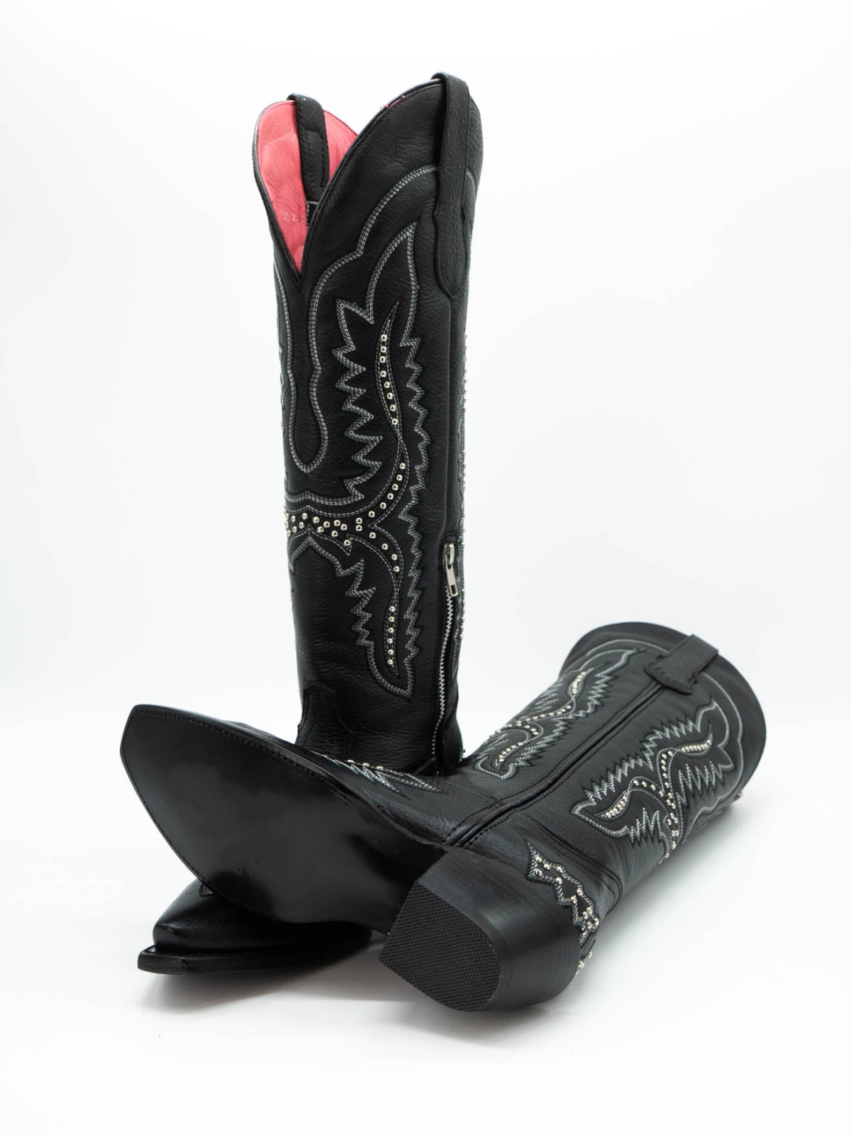 Black Studded Embroidery Snip-Toe Half-Zip Western Knee High Tall Boots