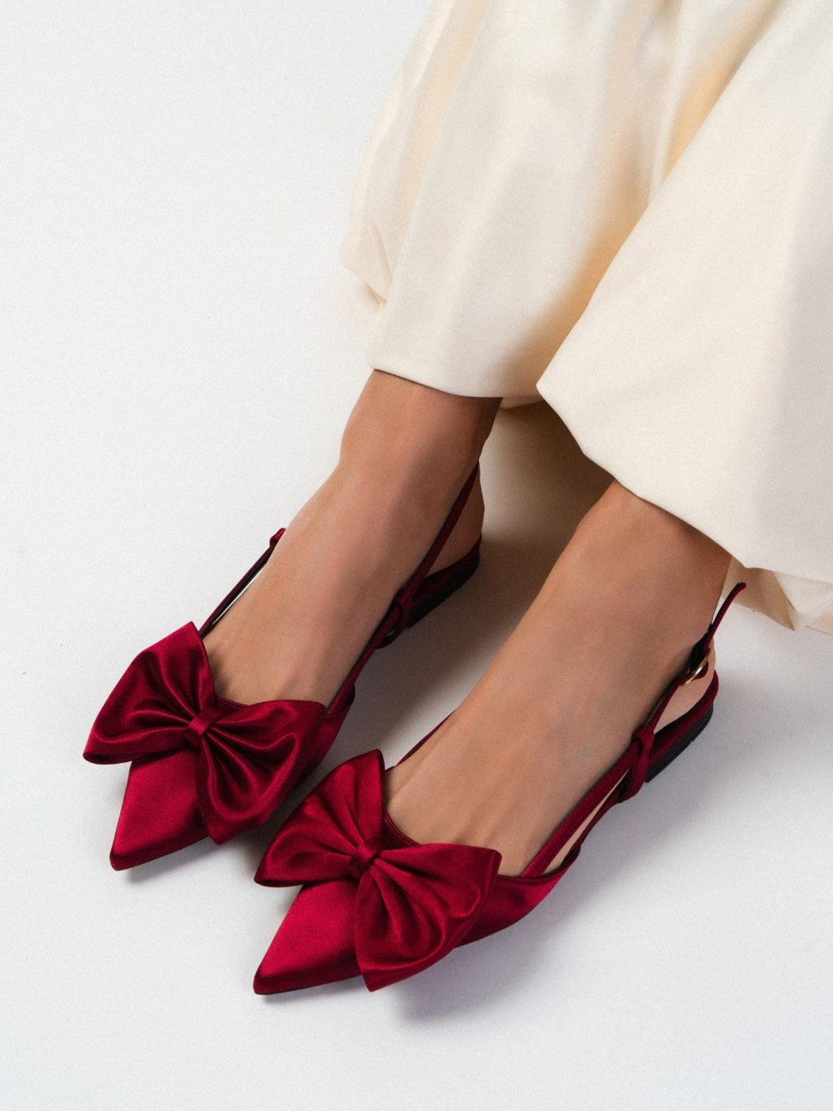 Burgundy Satin Bow Pointy Ballet Flats Slingbacks With Buckled Strap