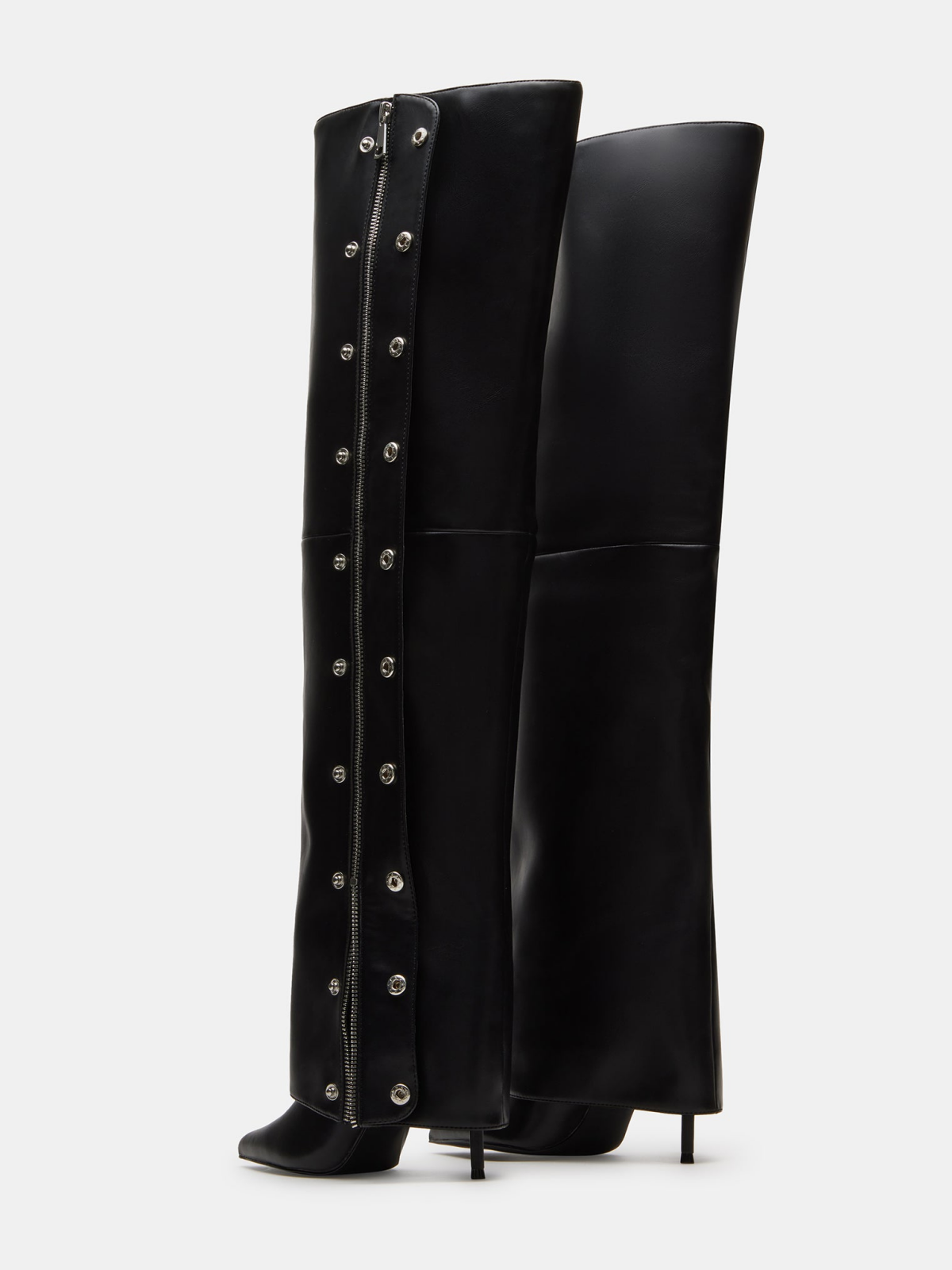 Black Pointed-Toe Studded Fold-Over Full-Zip Over-The-Knee Stiletto Boots