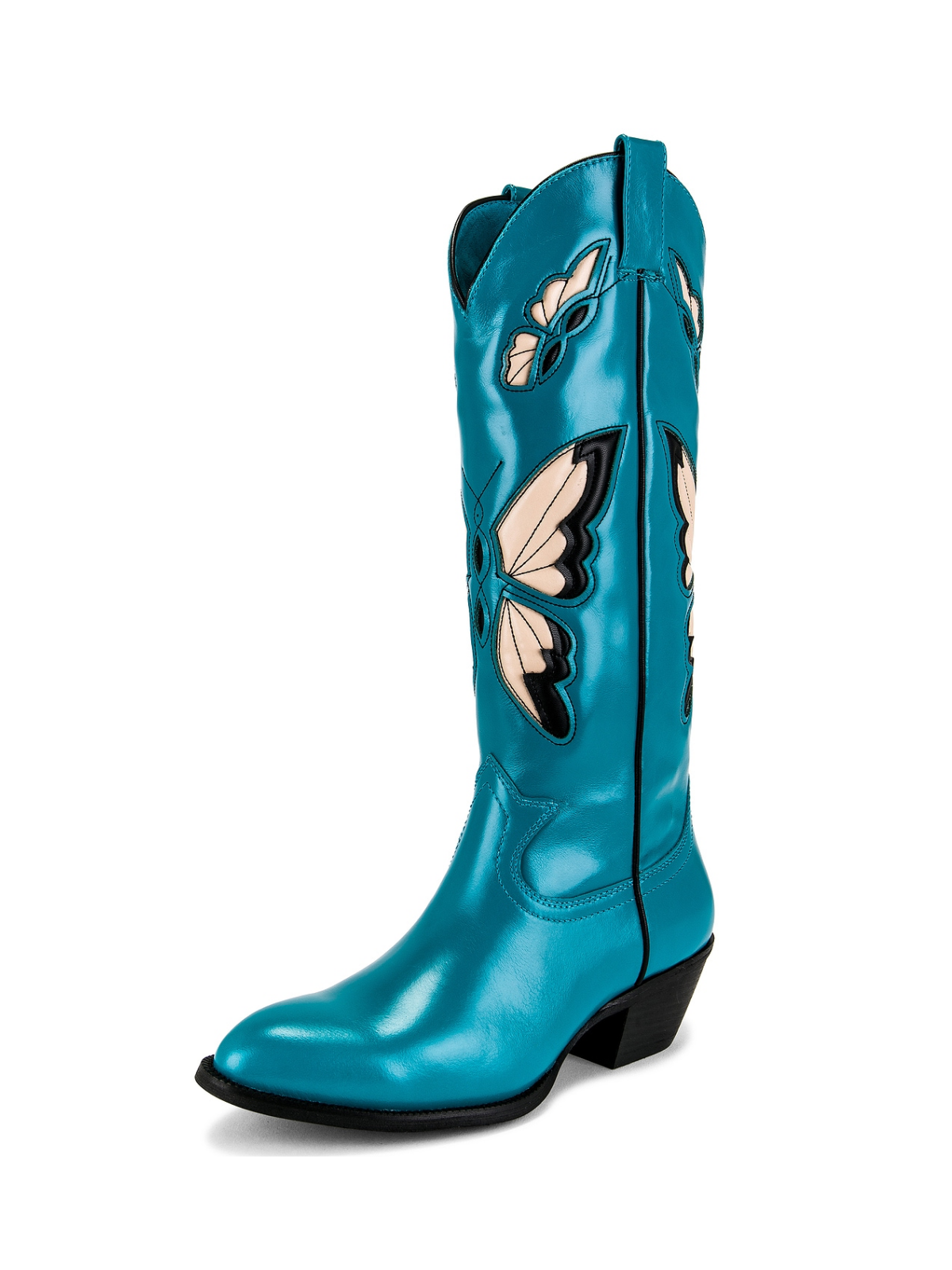 Blue Round-Toe Butterfly Inlay Wide Mid Calf Cowgirl Boots