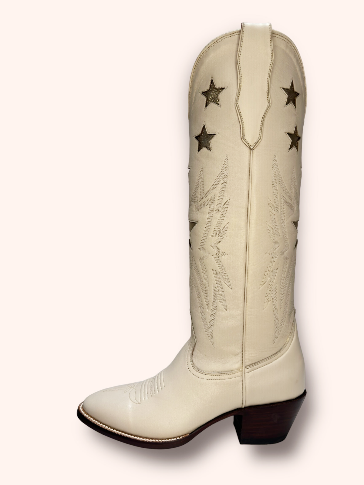 Metallic Star Inaly Embroidery Almond-Toe Wide Mid Calf Tall Cowgirl Boots - Bone