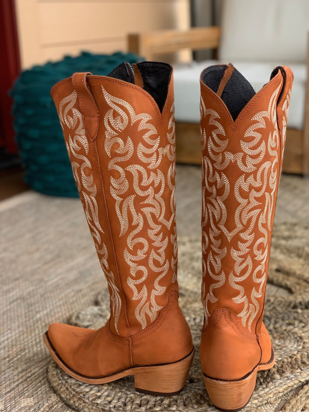 Round Pointed-Toe Embroidery Full-Zip Tall Knee High Cowgirl Boots - Orange