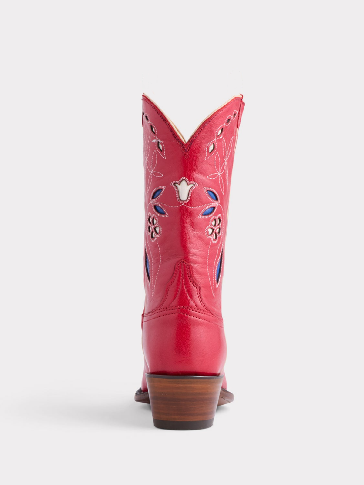 Cherry Red Pointed-Toe Embroidery Floral Inlay Wide Mid Calf Cowgirl Boots