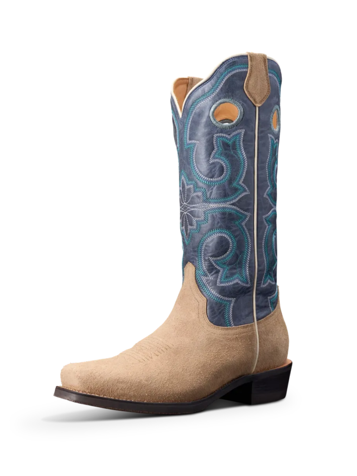 Contrast Indigo And Tan Faux Suede Square-Toe Embroidery Cutout Wide Mid Calf Cowgirl Boots