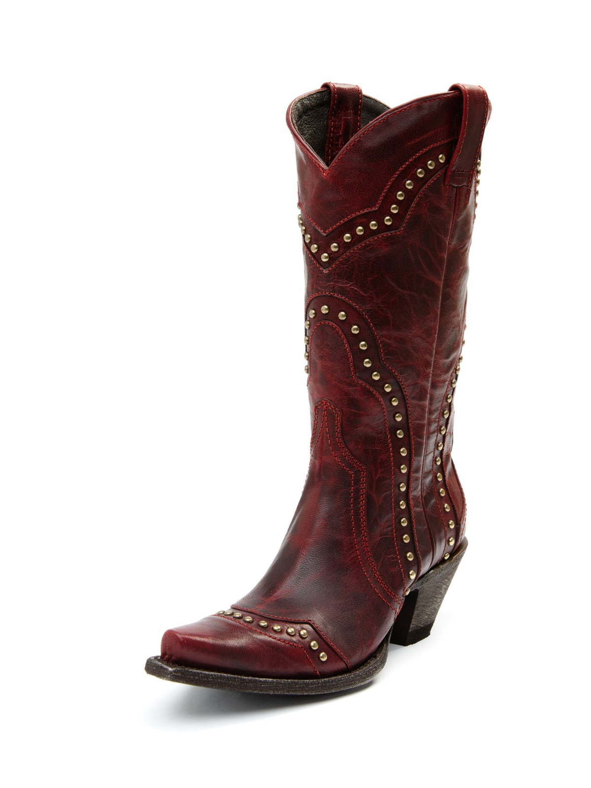 Dark Red Distressed Stitch Studded Snip-Toe Wide Mid Calf Cowgirl Tall Boots