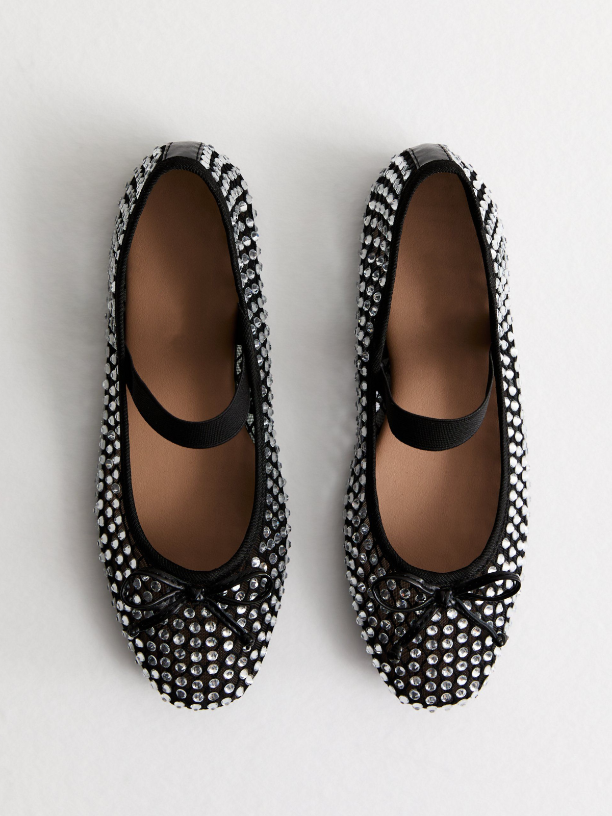 Black Bow Fishnet Strass Ballet Flats Mary Janes With Full-Embellished Rhinestone