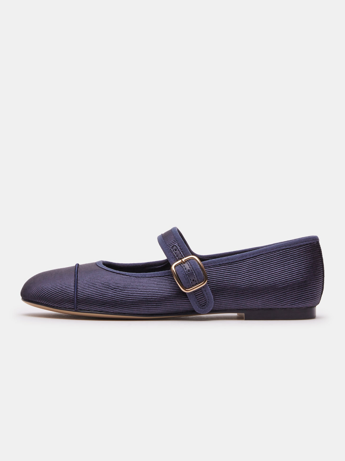 Navy Blue Cloth Round-Toe Bridge Strap Side Buckle Mary Janes Ballet Flats