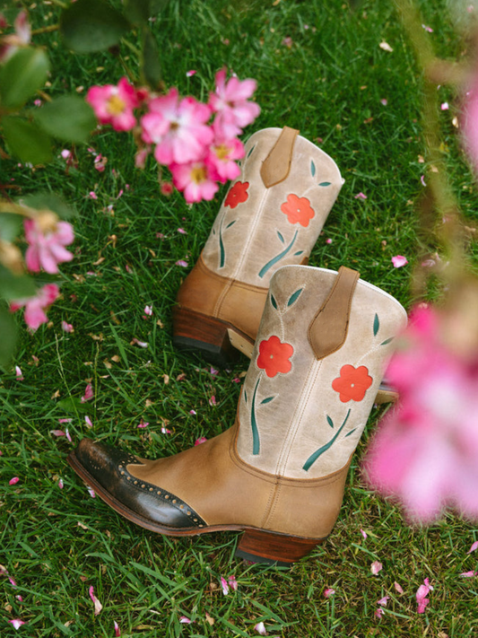 Contrast Tri-Color Snip-Toe Two Flowers Inlay Distressed Shaft Wide Mid Calf Cowgirl Boots