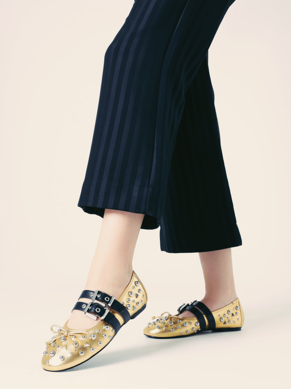 Metallic Gold Bow Studded Ballet Flats Mary Janes With Grommet Buckled Strap