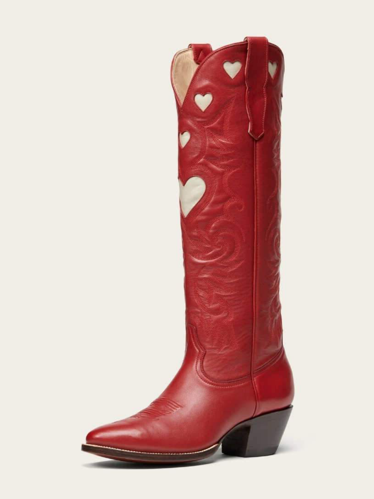 Ivory Heart Inlay Embroidery Almond-Toe Tall Wide Mid Calf Cowgirl Boots - Red