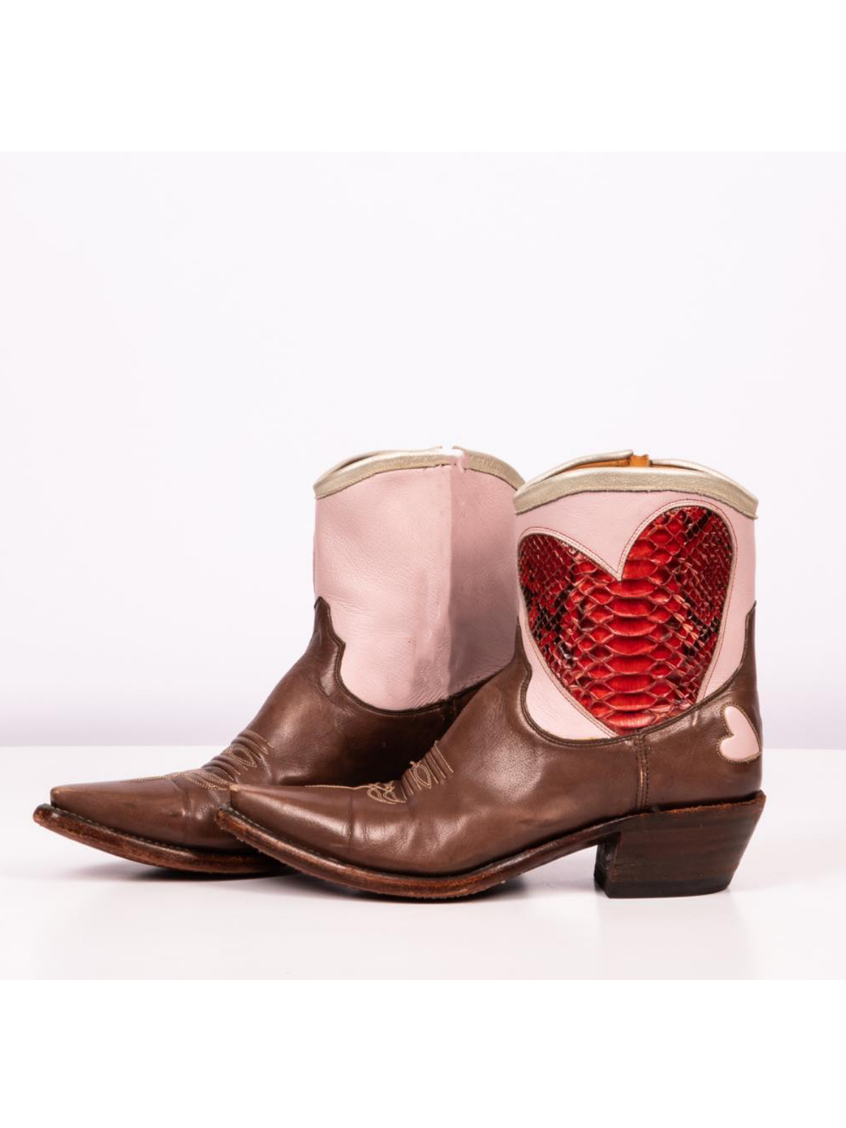 Contrast Brown And Pink Snip-Toe Metallic Snakeskin Red Heart Inlay Ankle Booties