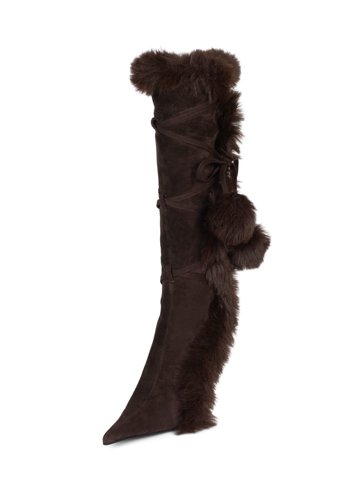 Brown Faux Suede Pointed-Toe Full-Zip Mid Calf Stiletto Boots With Wrap-Around And Plush