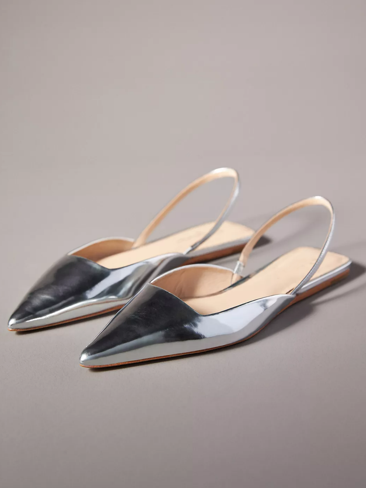 Metallic Silver Pointy Comfy Slingback Flats For Women