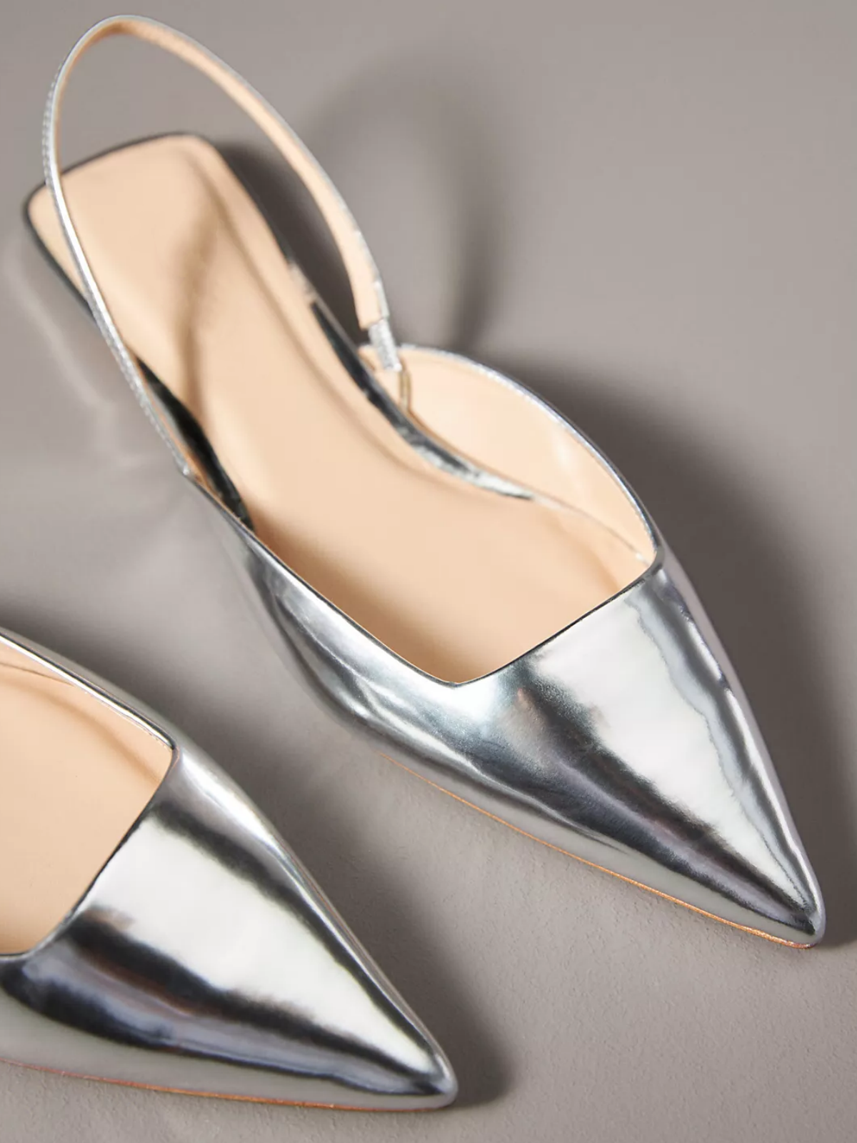 Metallic Silver Pointy Comfy Slingback Flats For Women