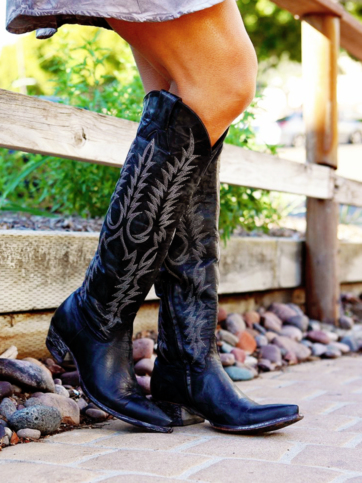 Embroidery Half-Zip Snip-Toe Tall Knee High Cowgirl Boots - Black