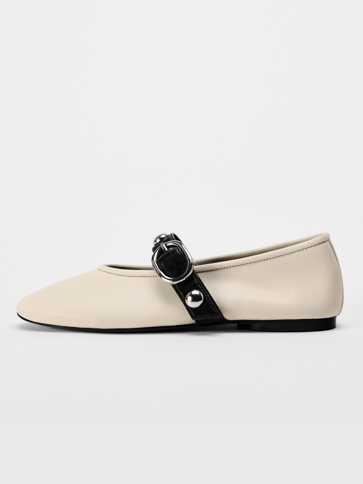 Ivory Round-Toe Studded Strap With Buckle Closure At Instep Ballet Flats