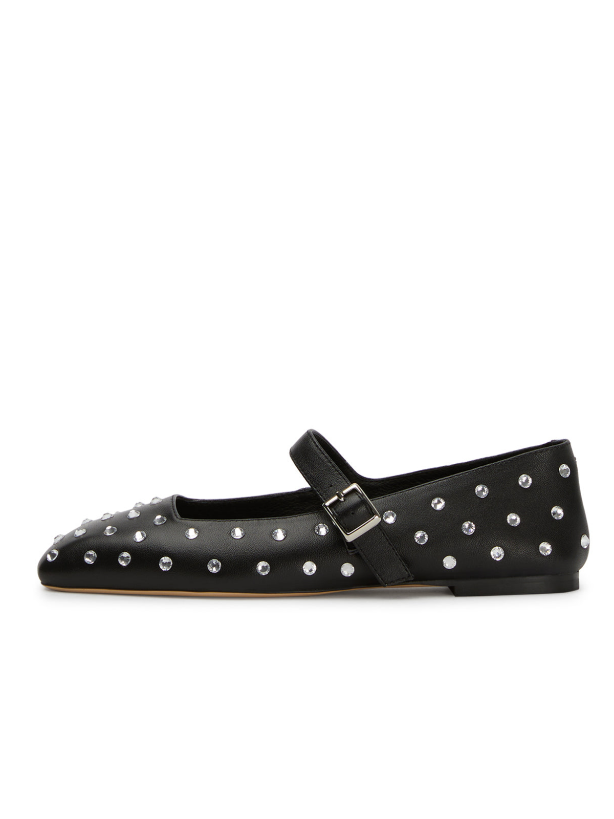 Black Sparkle Rhinestone Square-Toe Ballet Flats Mary Janes With Buckled Strap