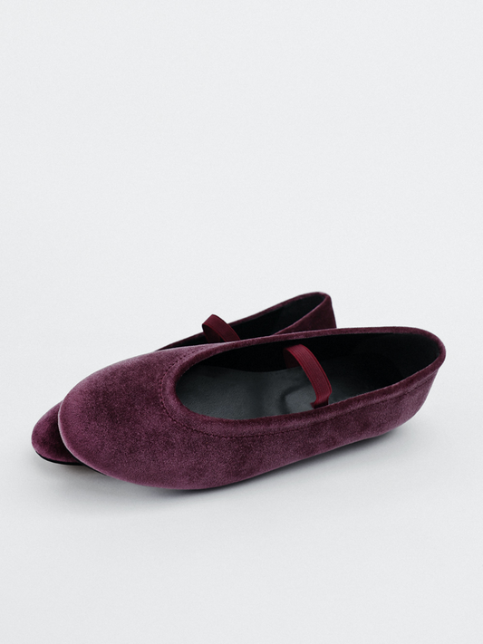 Light Burgundy Velvet Oval-Toe Ballet Flats Mary Janes With Elastic Strap