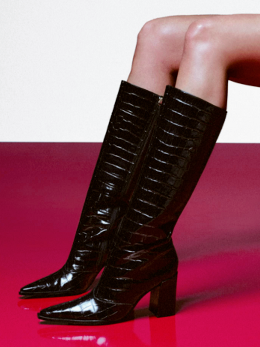 Black Crocodile-Embossed Full-Zip Mid Calf Boots