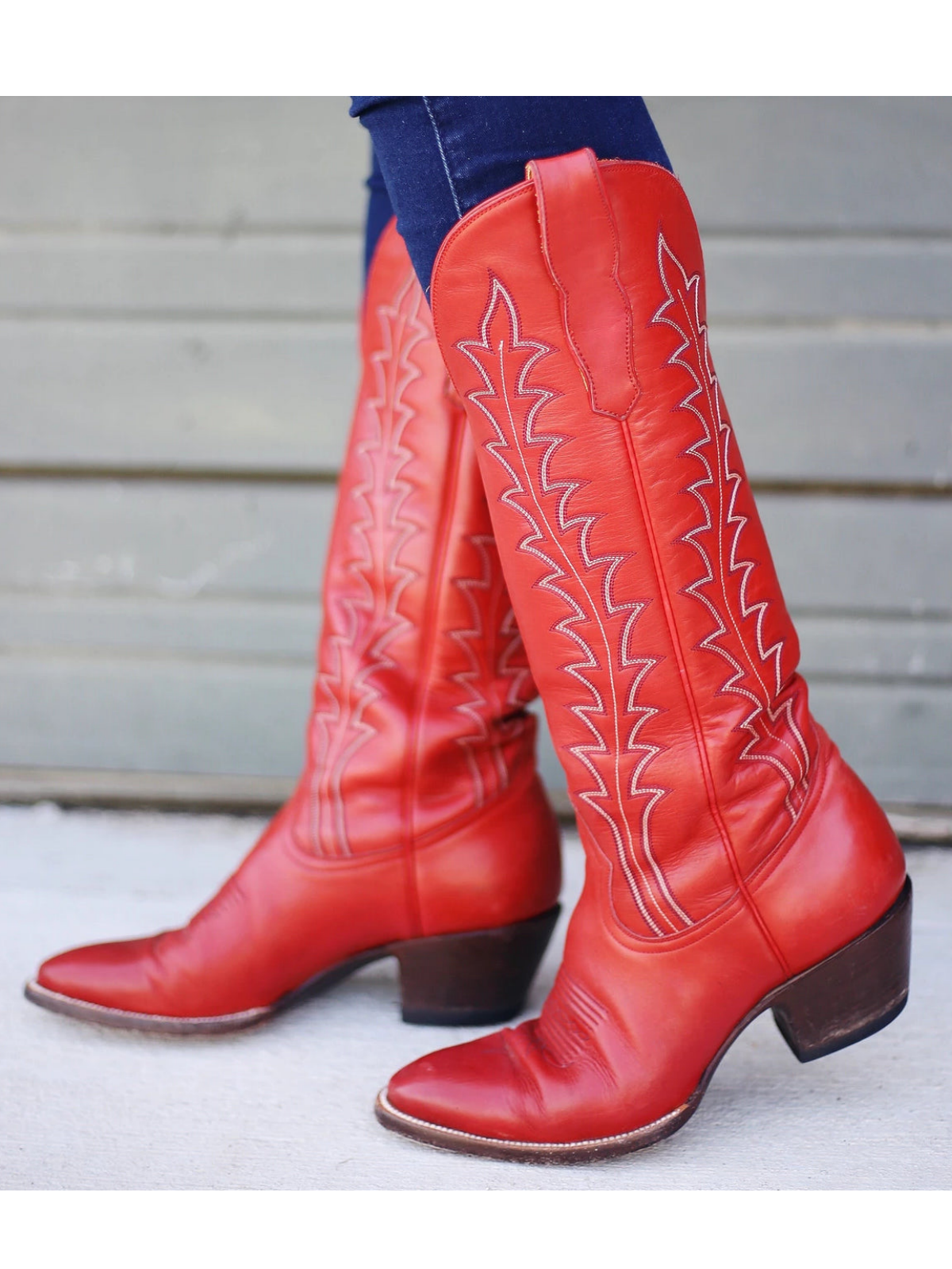 Red Vegan Leather Embroidery Almond-Toe Wide Mid Calf Tall Cowgirl Boots