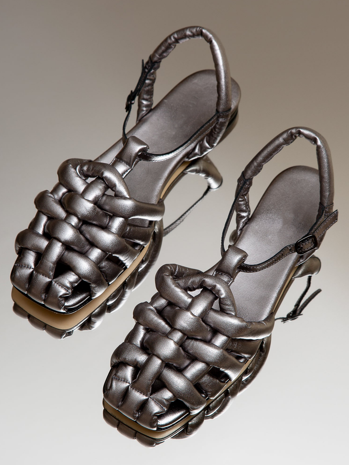 Metallic Silver Padded Strap Interwined Square-Toe Flats Sandals With Ankle T-Strap