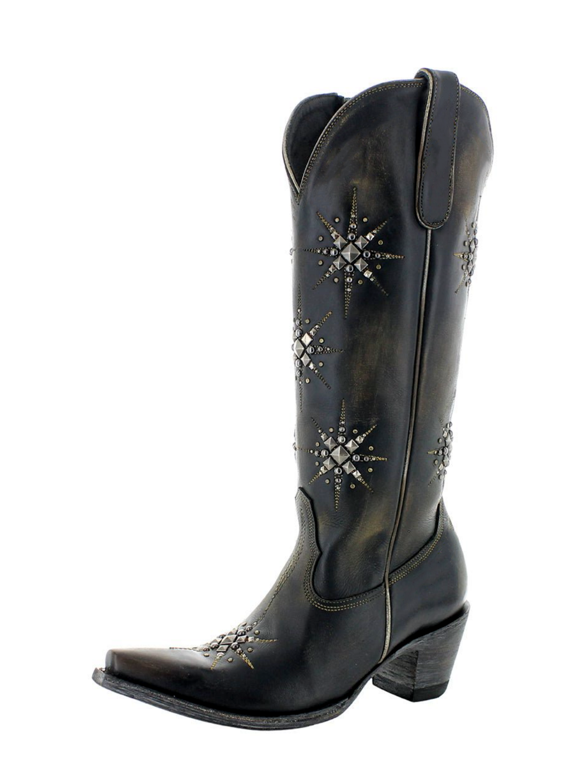 Dark Brown Snip-Toe Studded Stars Full-Zip Mid Calf Cowgirl Boots