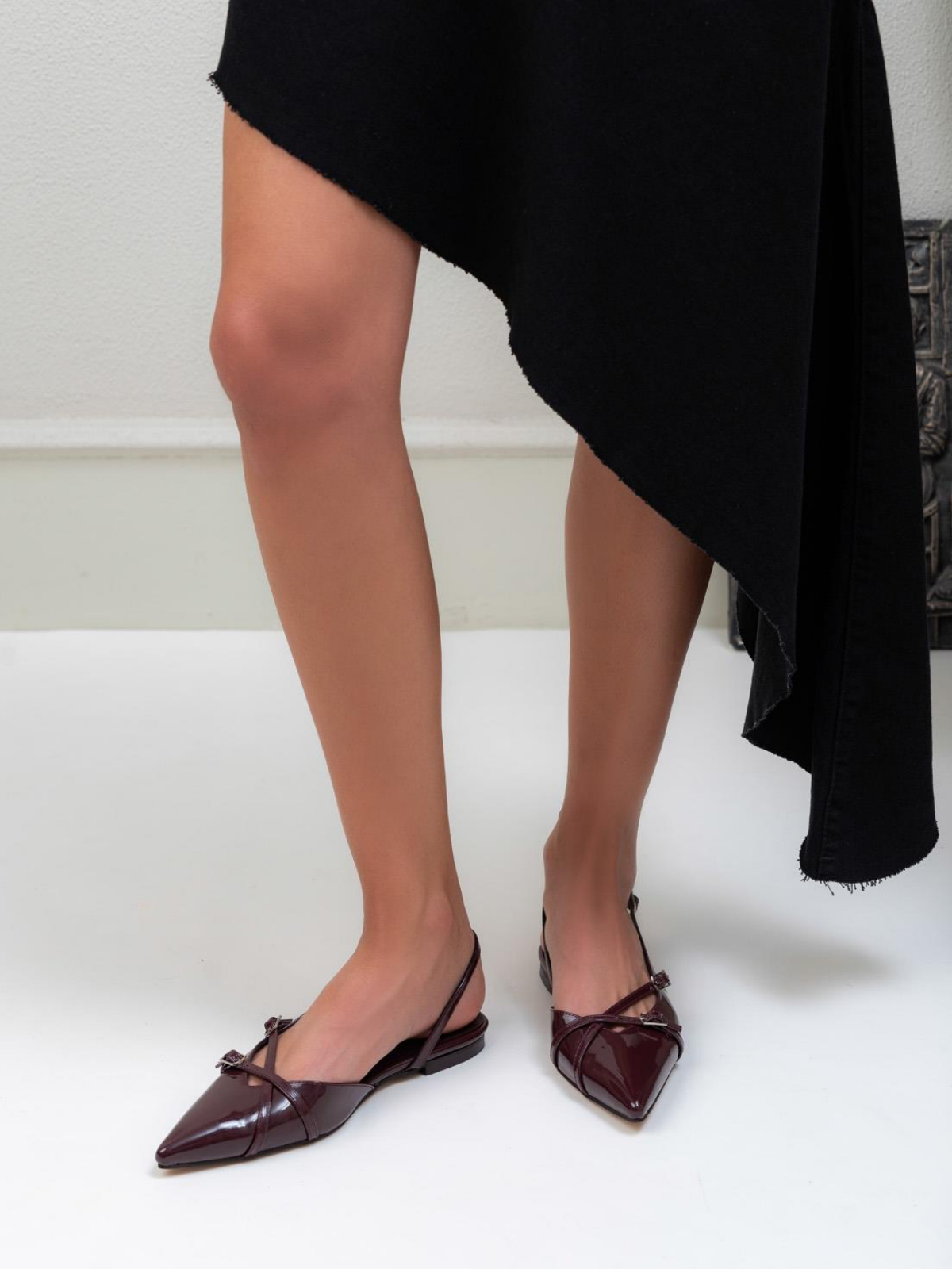 Claret Red Patent Buckled Belt Detail Pointy Ballet Flats Slingbacks