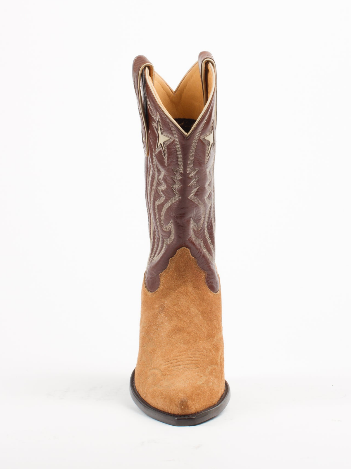 Contrast Chocolate And Tan Faux Suede Snip-Toe Embroidery Star Inlay Wide Mid Calf Cowgirl Boots