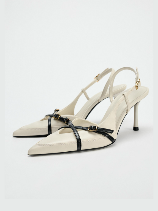 Bone Pointed-Toe Double Buckle Front Strap Slingback Pump High Heels